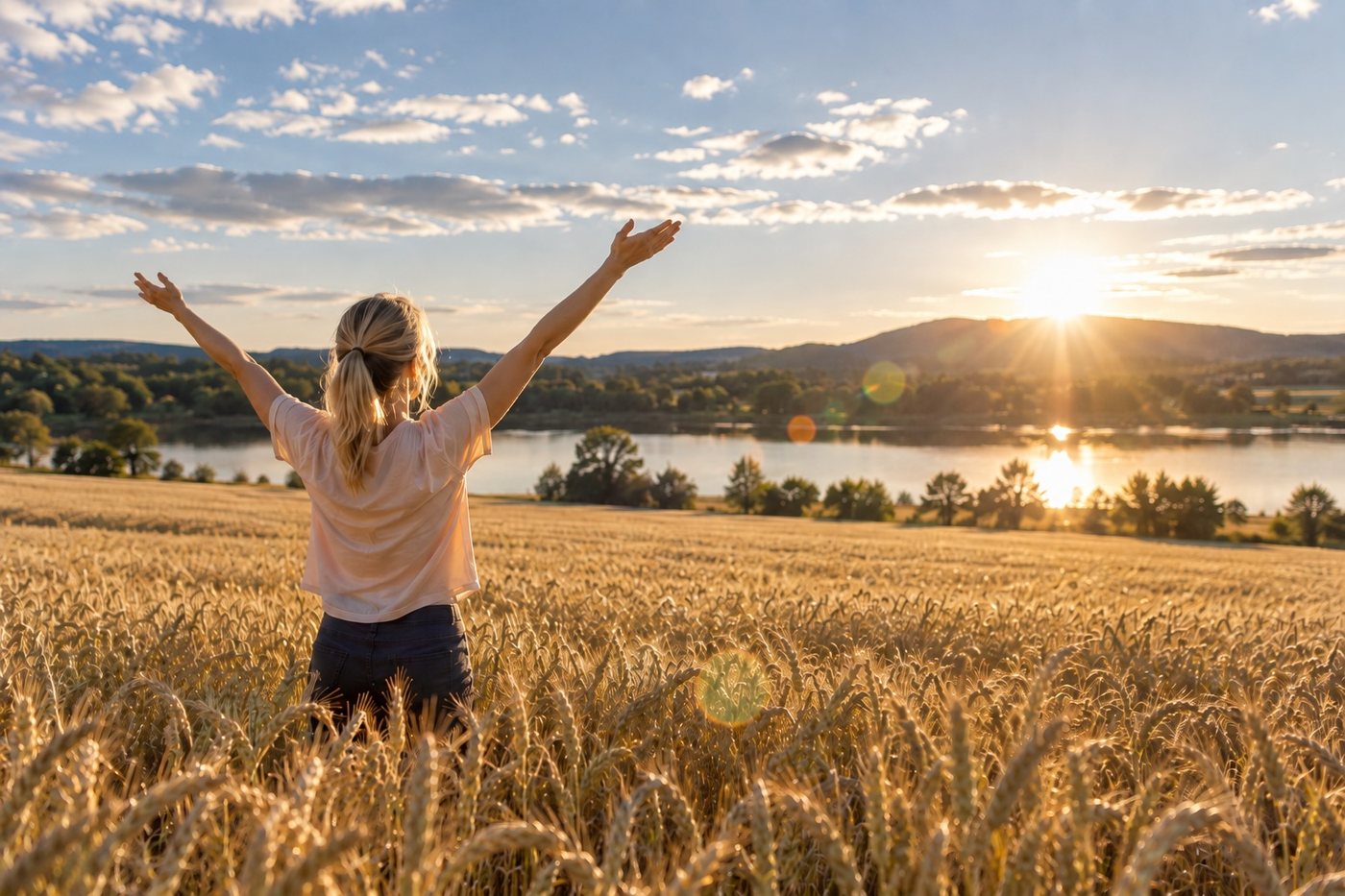 Femme aux bras levés face au soleil couchant dans un champ de blé Femme aux bras levés face au soleil couchant dans un champ de blé